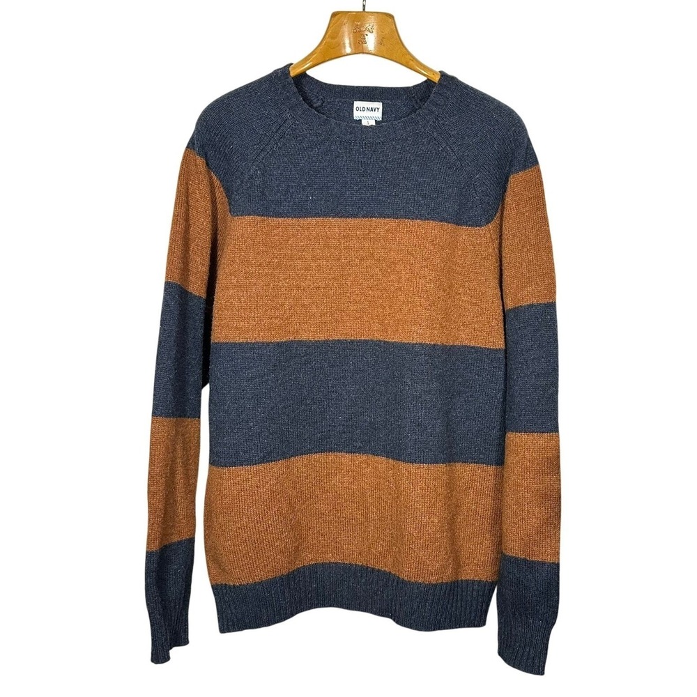 Men's Wool Blend Rugby Striped Brown Gray Raglan Crew Neck Sweater Size Large